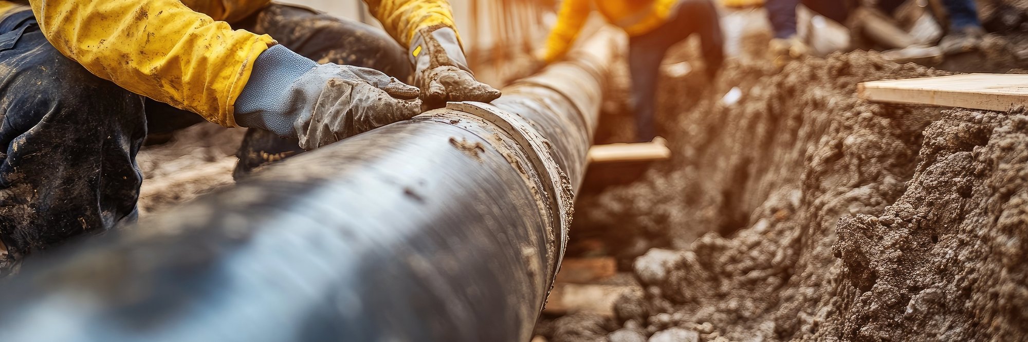 Bauarbeiten lassen auf einer Baustelle ein Rohr in die Erde. Bauarbeiten lassen auf einer Baustelle ein Rohr in die Erde.