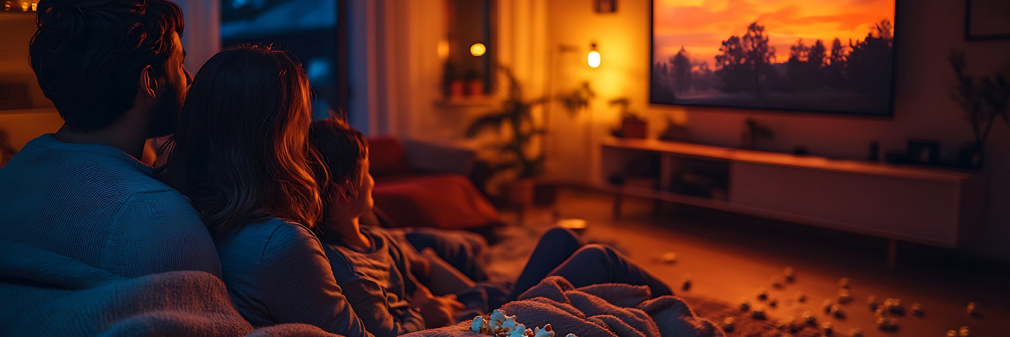 Drei Personen sitzen auf dem Sofa in einem warmen, gemütlichen Zimmer und schauen auf einen Fernseher.