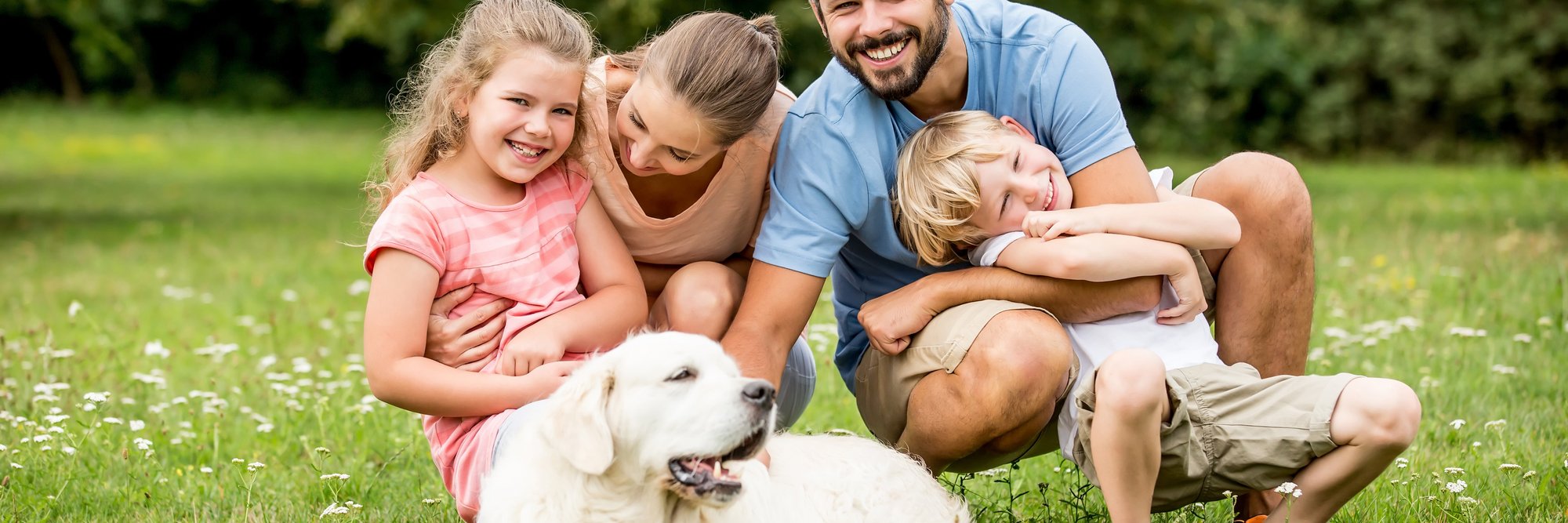 Das Bild zeigt eine glückliche Familie mit zwei Kindern und einem Hund, die auf einer grünen Wiese zusammen Spaß haben.